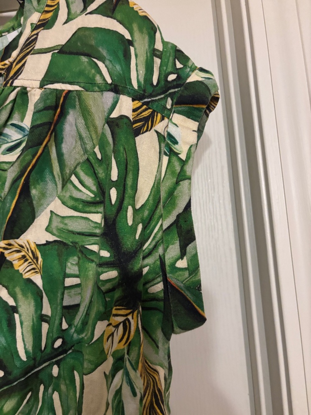 Rachel RayMonaco Green and Yellow Tropical Leaf Print Linen Blouse Women large - Picture 4 of 6